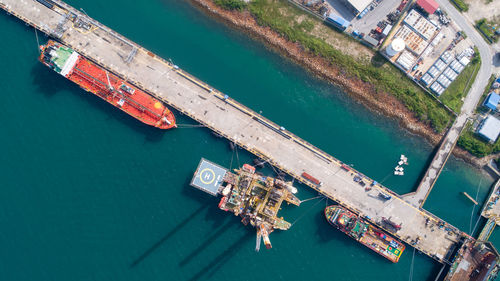 High angle view of ship moored at harbor