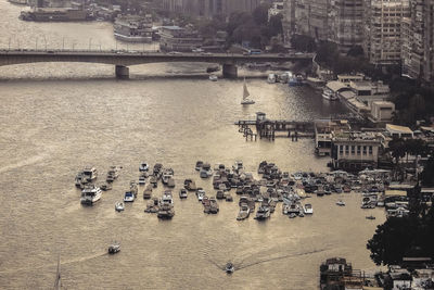 High angle view of people in river