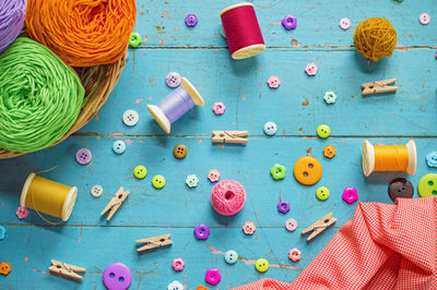 High angle view of multi colored buttons