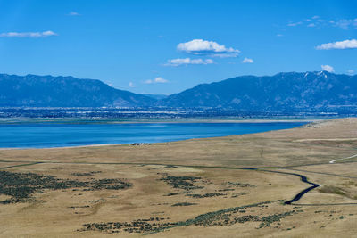 Scenic view of beach against blue sky