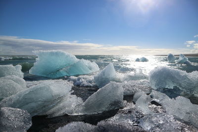 Aerial view of sea waves splashing against blue sky