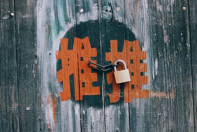 Close-up of padlock on wooden door