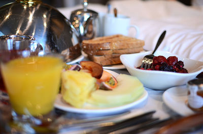 Close-up of breakfast served on table