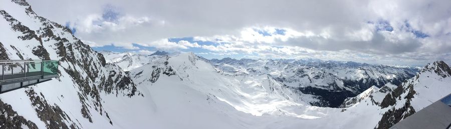 Low angle view of snow covered mountains against sky