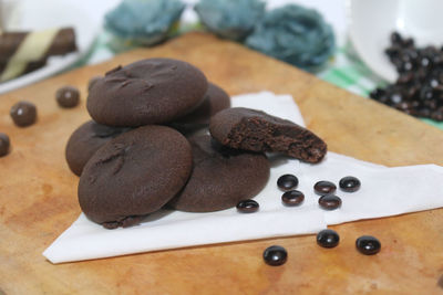 High angle view of chocolate cake on table