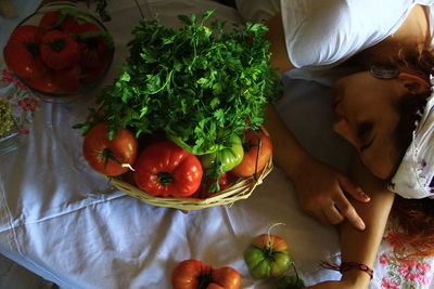 High angle view of woman in plate