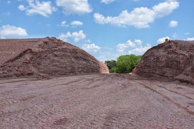 Rock formations on landscape against cloudy sky