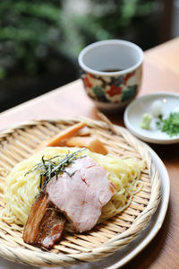 High angle view of food in plate on table