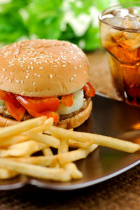 Close-up of burger in plate on table