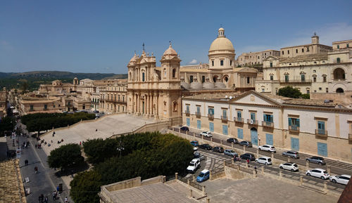 High angle view of buildings in city