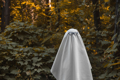 Low angle view of person covered with leaves in forest