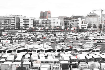 High angle view of buildings in city during winter