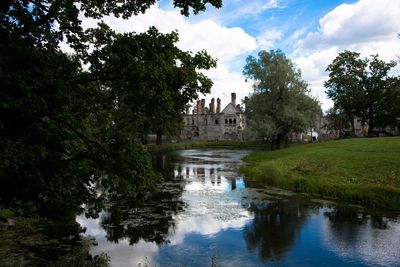 Reflection of trees and building in water