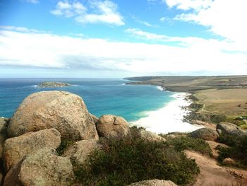 Scenic view of sea against cloudy sky