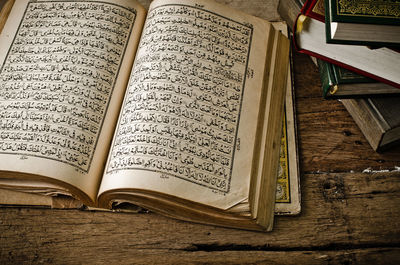 High angle view of open book on table