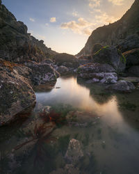 Scenic view of rocks in mountains against sky