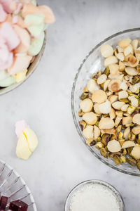 High angle view of food in bowls on table