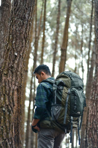 Man standing by tree trunk in forest