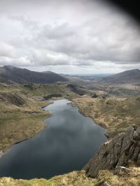 Scenic view of lake and mountains against sky