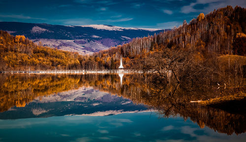 Scenic view of lake by trees against sky