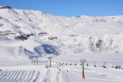 Scenic view of snowcapped mountains against clear sky