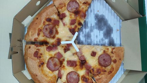 High angle view of pizza in box