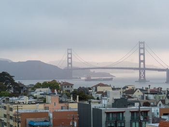 Suspension bridge over sea against cloudy sky