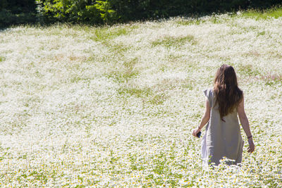 Women with dress in field of daisy flowers during sunlight