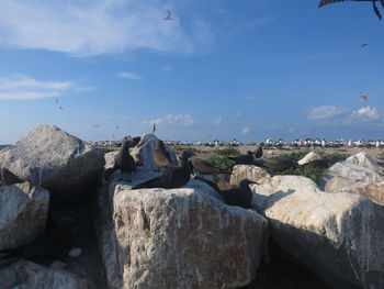 Panoramic view of rocks against blue sky