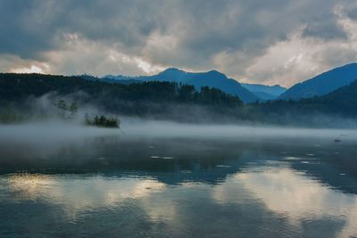 Scenic view of lake and mountains against sky