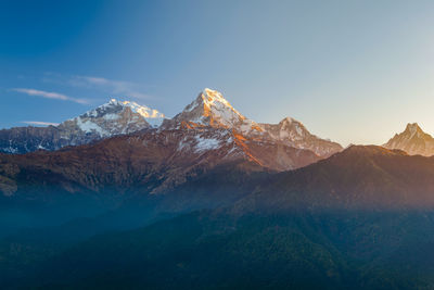 Scenic view of snowcapped machapuchare peak, annapurna mountains in the himalayas, nepal