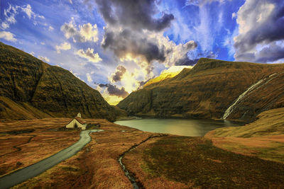 Scenic view of lake and mountains against sky