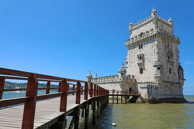 Low angle view of building against clear blue sky