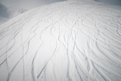 Ski slope. nobody. tracks from skiers on an off-piste section in the mountains