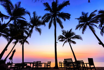 Silhouette palm trees on beach against sky at sunset