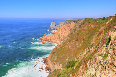 Scenic view of sea against clear blue sky