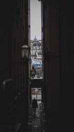 Silhouette person walking amidst buildings in city