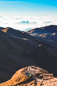 Aerial view of snowcapped mountains against sky