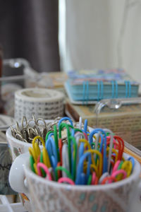 Close-up of multi colored candies on table