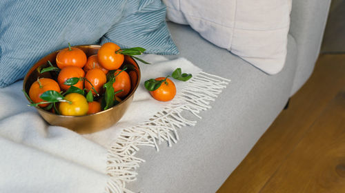 Bowl of tangerines on the sofa in a cozy living room.