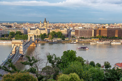 Bridge over river with city in background