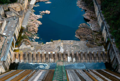 High angle view of a reservoir dam. 
