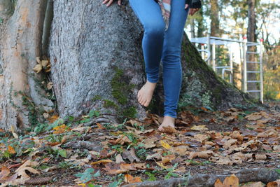 Low section of person standing on tree trunk in forest