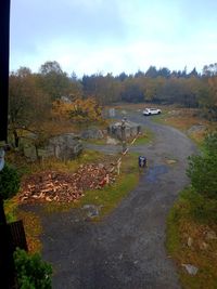 People walking on road amidst trees against sky during autumn