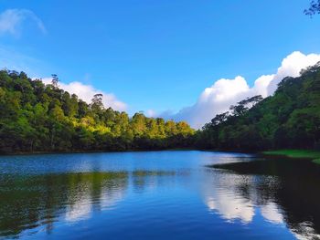 Scenic view of lake against blue sky