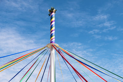 Low angle view of flags against blue sky