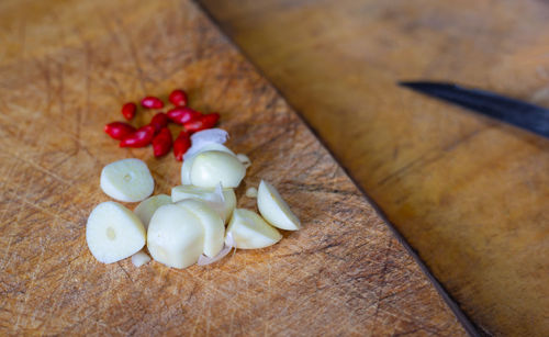 High angle view of chopped vegetables on cutting board