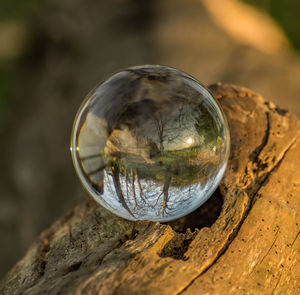 Close-up of crystal ball on wood