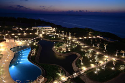 High angle view of illuminated city at night