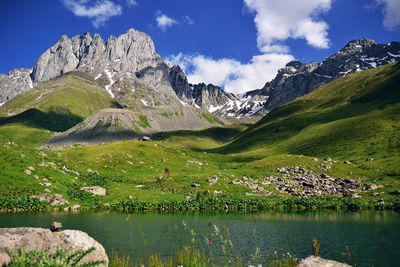 Scenic view of snowcapped mountains against sky